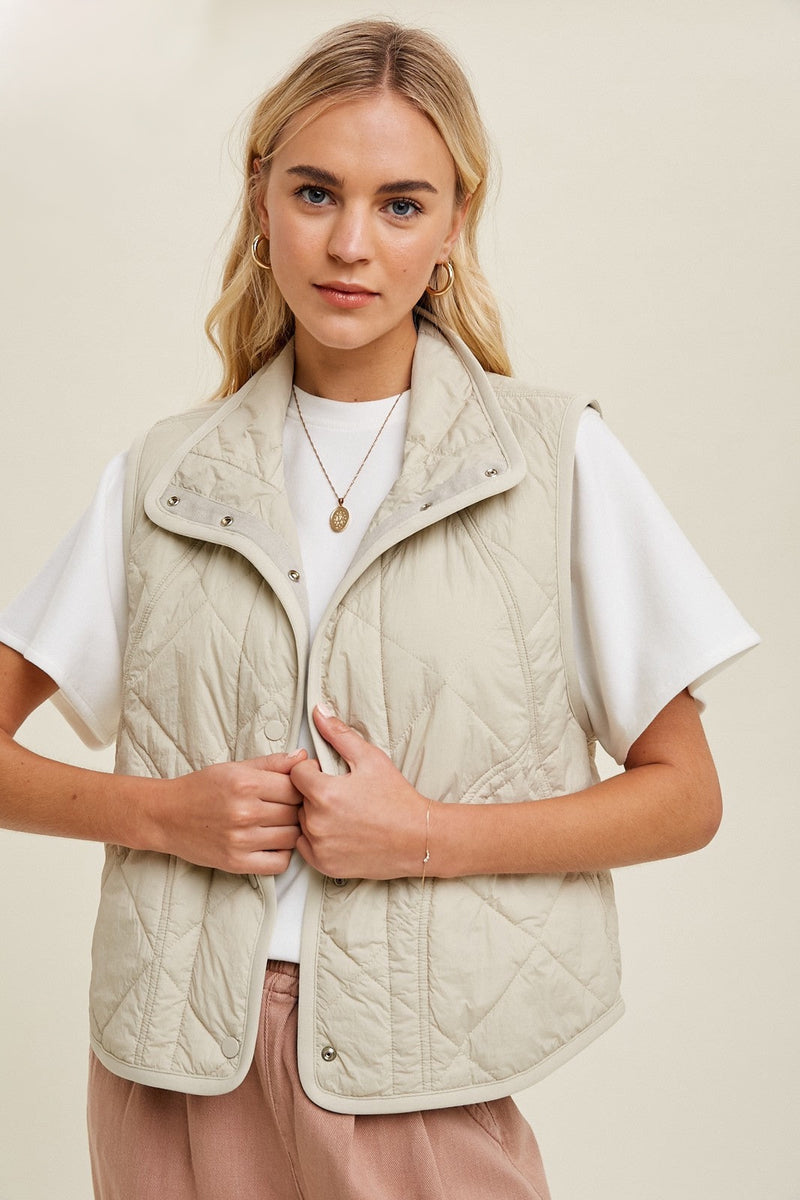 QUILTED BUTTON-UP VEST - TAUPE