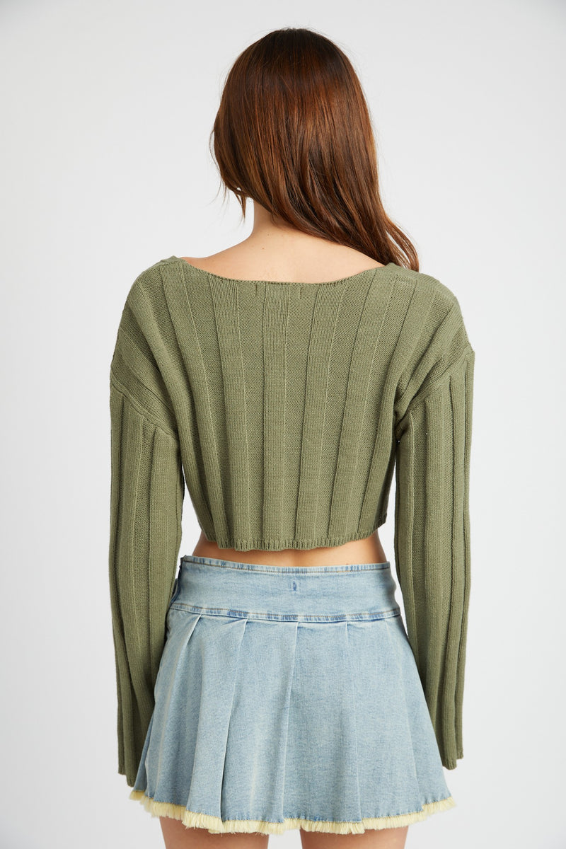 WIDE RIB CROPPED SWEATER - OLIVE