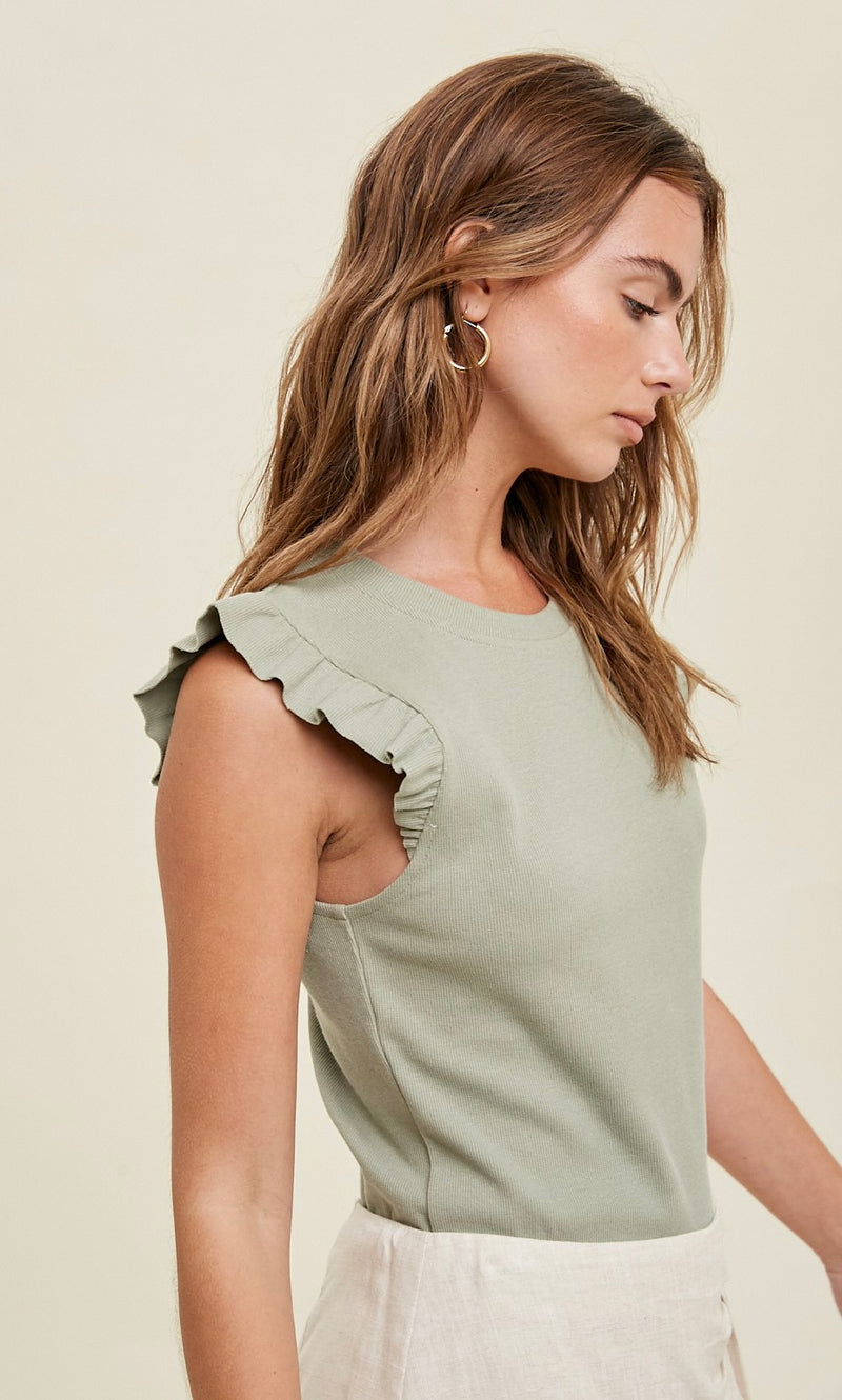 RUFFLE SLEEVE RIBBED TOP - SUMMER OLIVE