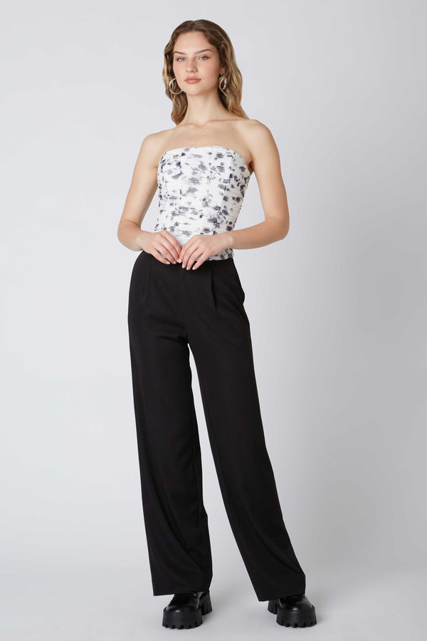 FLORAL MESH LINED CORSET TOP - BLACK/WHITE
