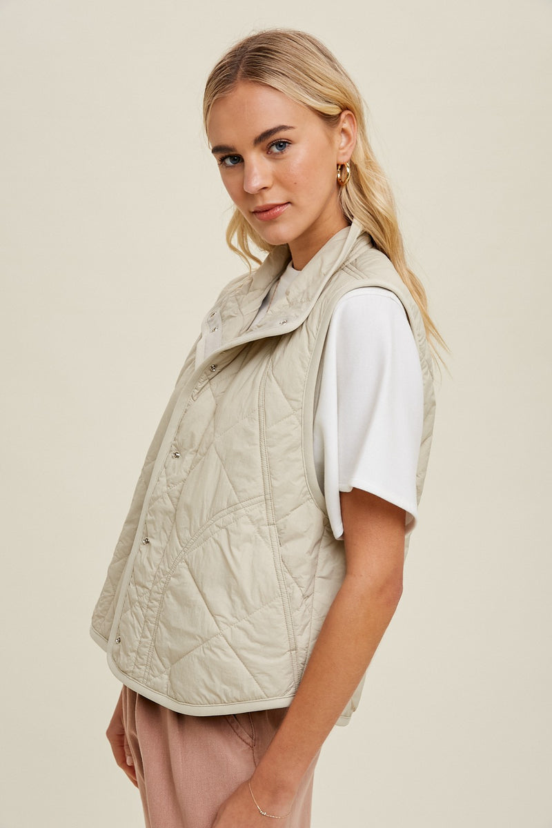 QUILTED BUTTON-UP VEST - TAUPE