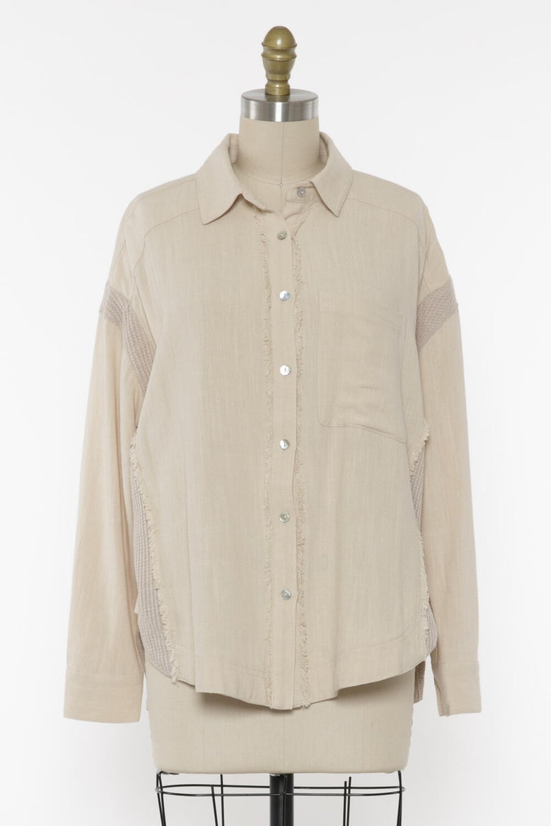 FRAYED BUTTON UP SHIRT - OATMEAL