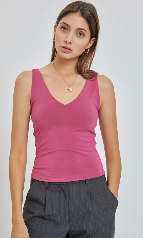 DOUBLE LINED V-NECK TANK TOP - BERRY