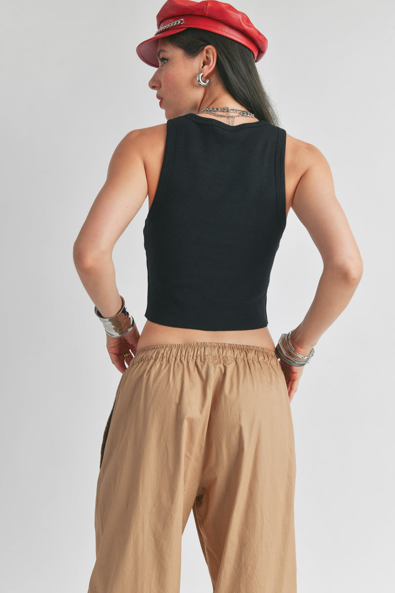 RAW EDGE CROPPED TANK TOP - BLACK