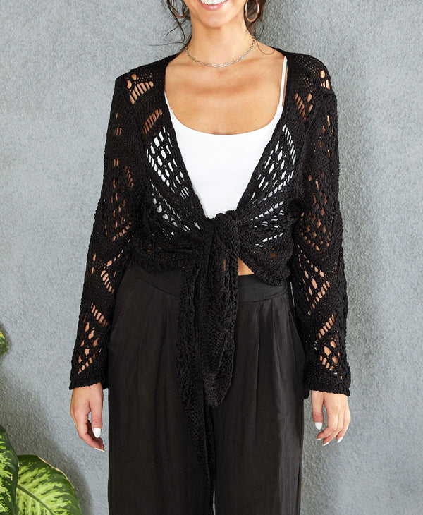 CROCHET TIE FRONT CARDIGAN - BLACK