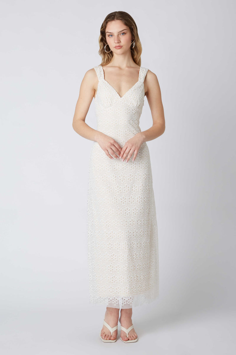 FLORAL OVERLAY LACE MAXI DRESS - WHITE