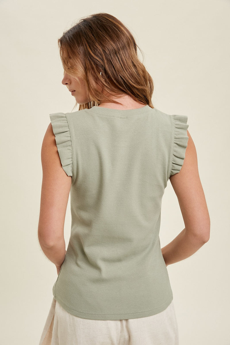 RUFFLE SLEEVE RIBBED TOP - SUMMER OLIVE