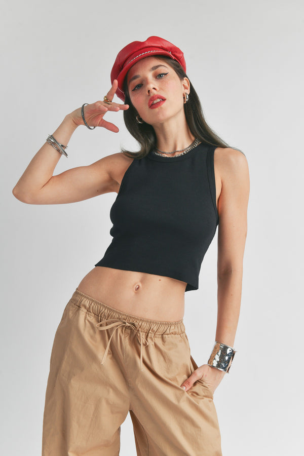 RAW EDGE CROPPED TANK TOP - BLACK