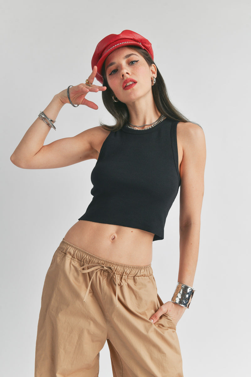 RAW EDGE CROPPED TANK TOP - BLACK