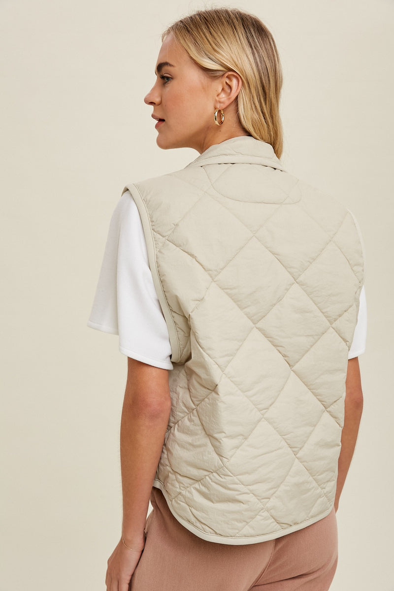 QUILTED BUTTON-UP VEST - TAUPE