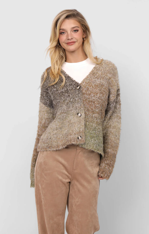 SMILEY OMBRE FUZZY KNIT CARDIGAN - OLIVE BROWN