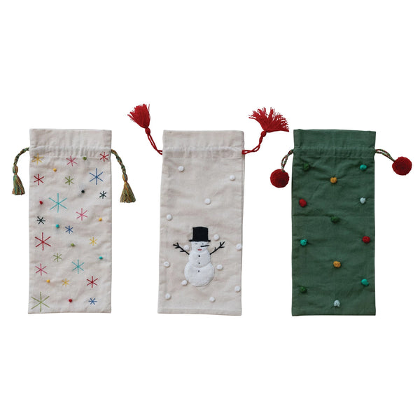 EMBROIDERED DRAWSTRING WINE BAGS - ASSORTED  STYLES