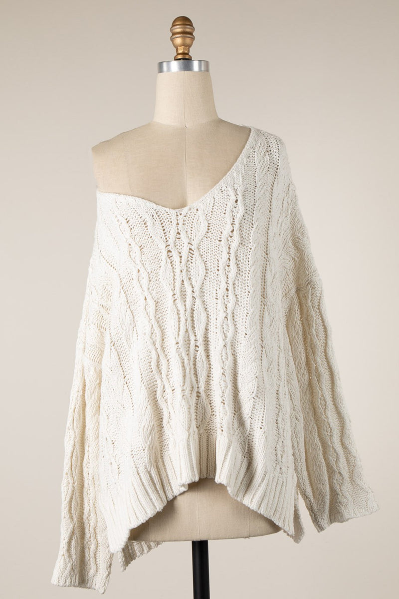V NECK CABLE KNIT SWEATER - CREAM