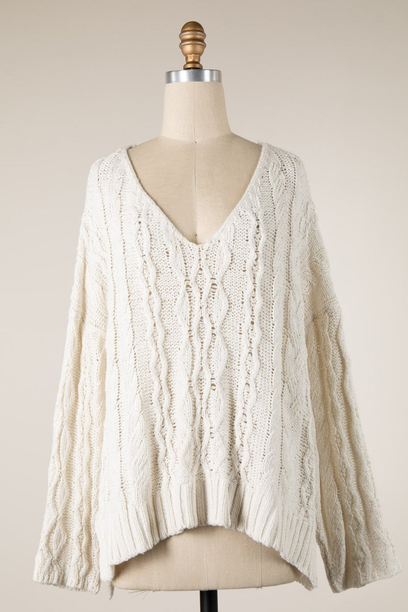 V NECK CABLE KNIT SWEATER - CREAM