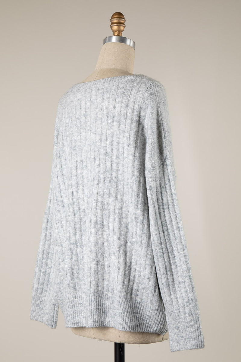 SOFT RIBBED KNIT SWEATER - SILVER