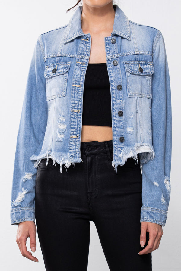 DISTRESSED FITTED JACKET - LIGHT DENIM