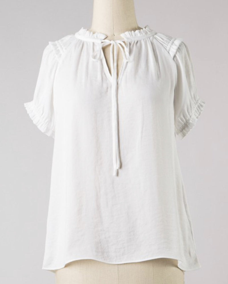 RUFFLE TRIM SPLIT NECK BLOUSE- OFF WHITE