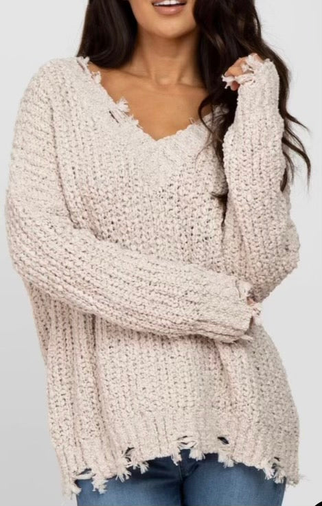 DISTRESSED V-NECK SWEATER - BEIGE