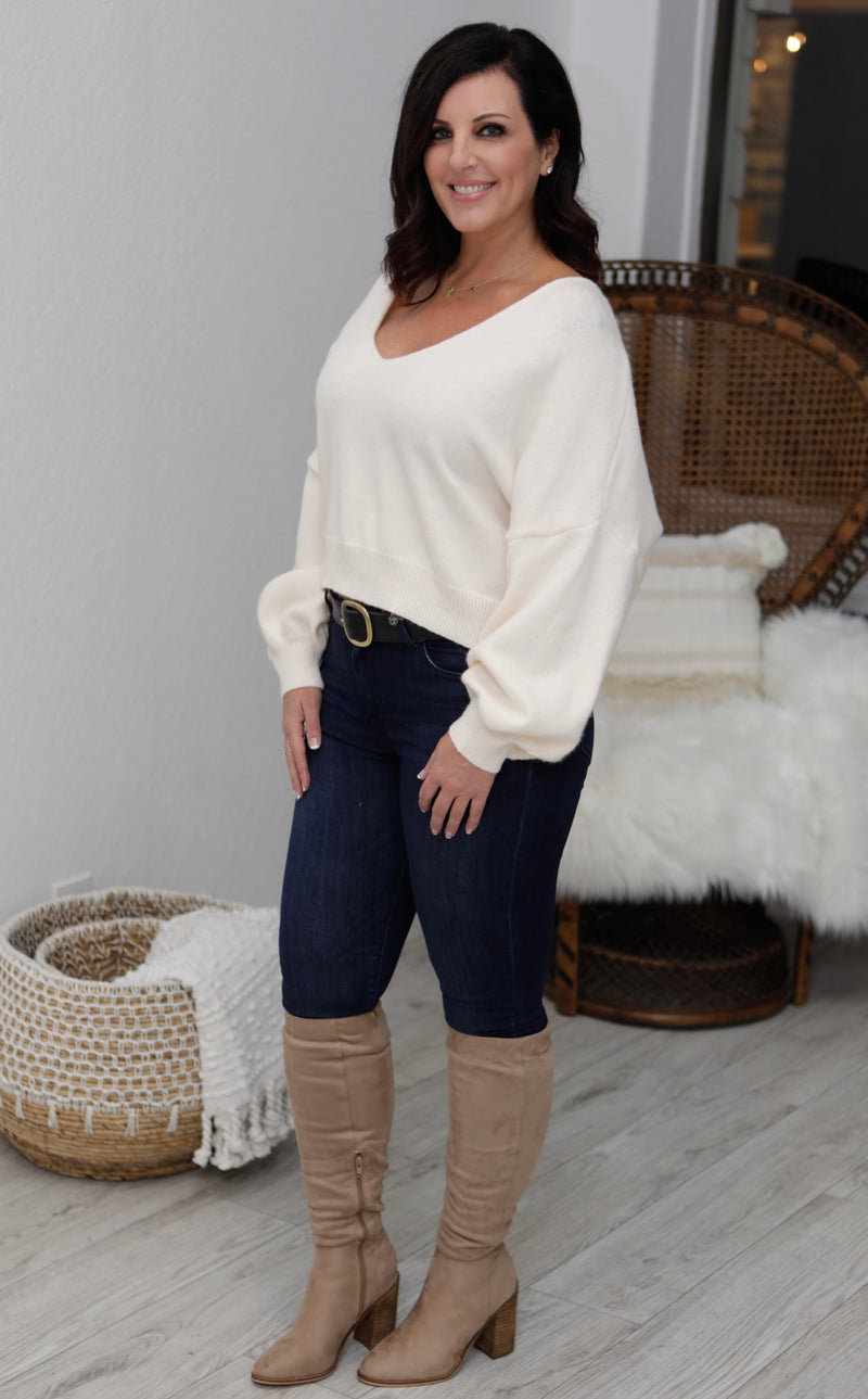 PUFF SLEEVE CROPPED KNIT SWEATER - IVORY