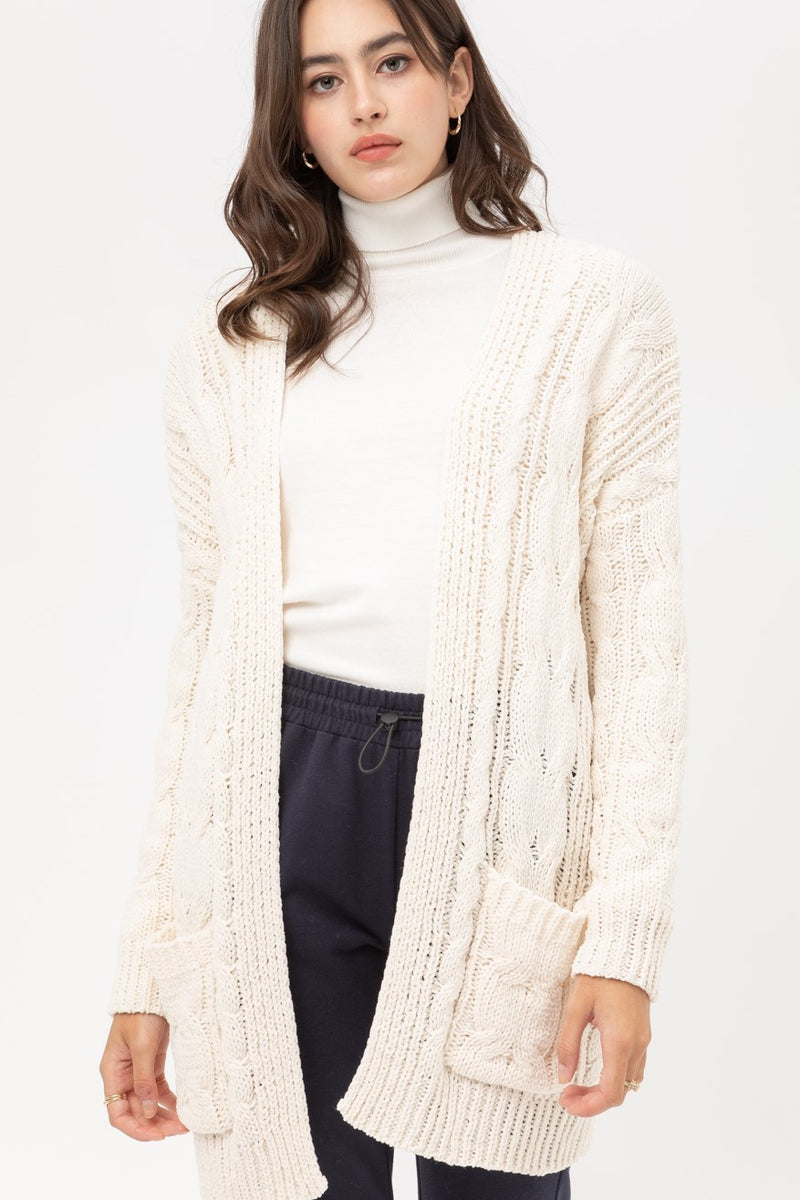 CHENILLE CABLE KNIT CARDIGAN - IVORY