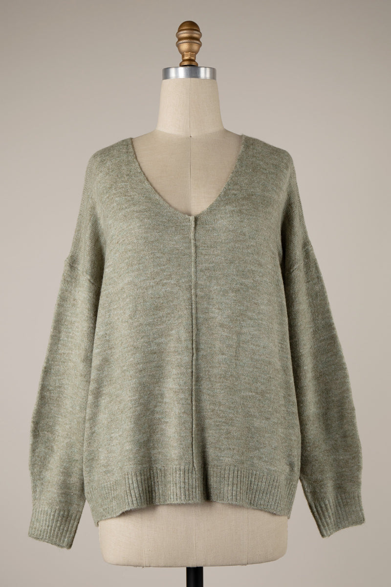 TWO TONED V NECK KNIT SWEATER - SAGE