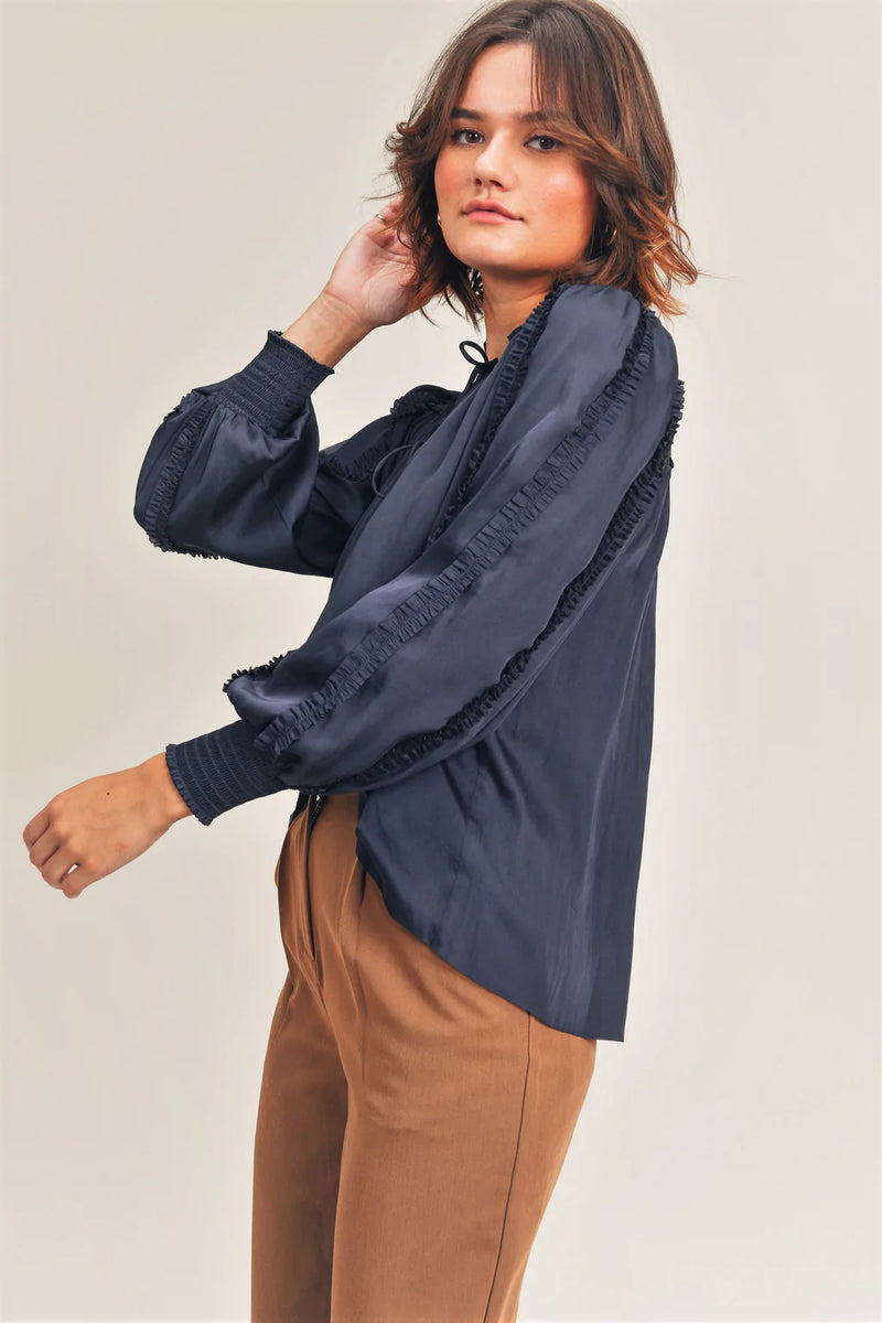 KARISSA RUFFLE BLOUSE - NAVY