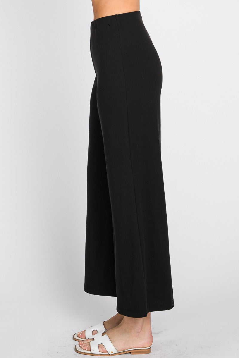 WIDE LEG JERSEY RIB PANTS - BLACK