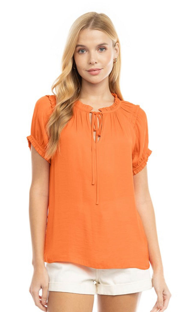 RUFFLE TRIM SPLIT NECK BLOUSE- NECTARINE