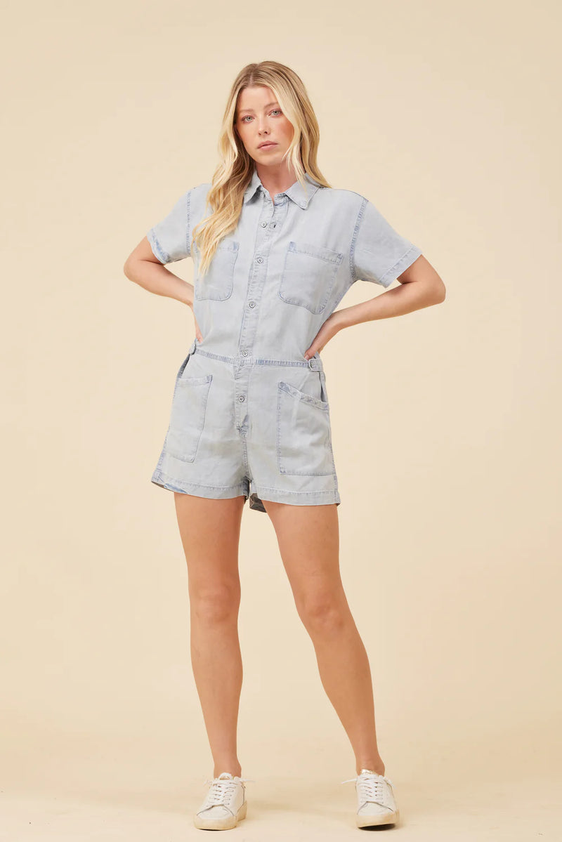 DENIM BUTTON FRONT ROMPER - CHAMBRAY