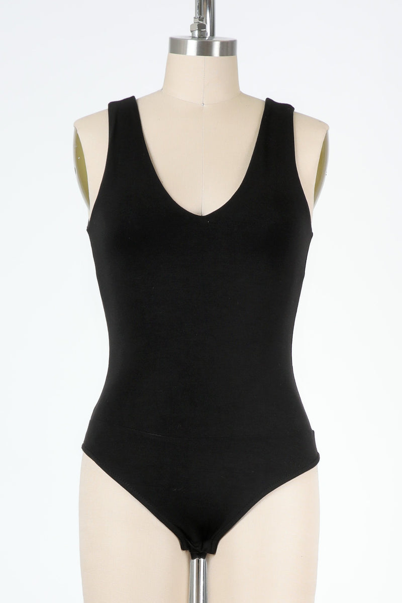 V-NECK SLEEVELESS BODYSUIT - BLACK