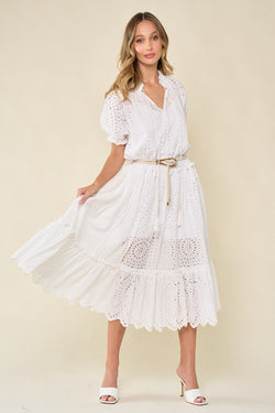 EYELET TIERED MAXI DRESS - OFF WHITE