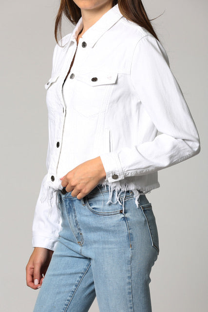 CROPPED FITTED FRAY DENIM JACKET - WHITE