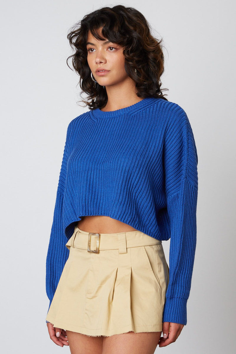 CROPPED KNIT SWEATER - COBALT BLUE