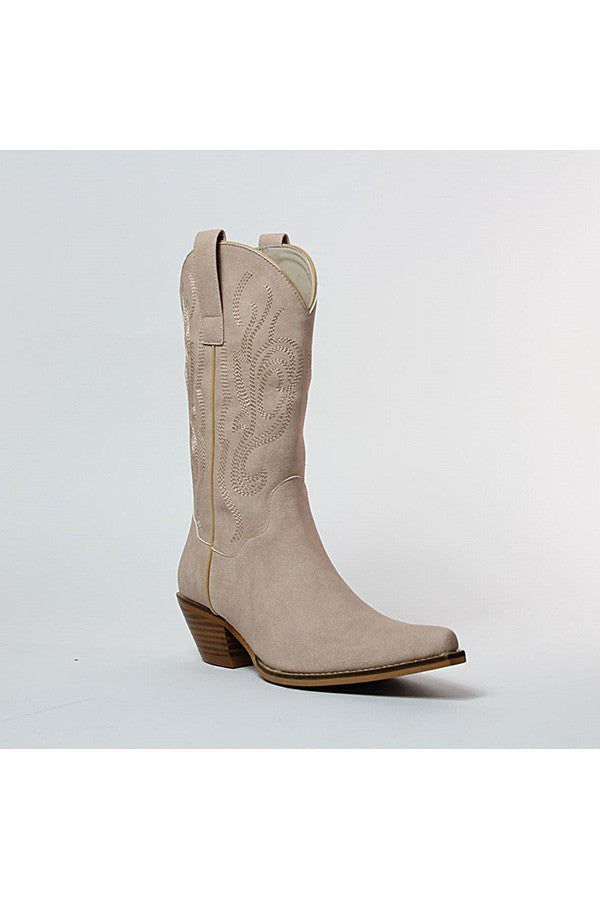 EMBROIDERED WESTERN STYLE COWBOY BOOTS - PINK/TAN