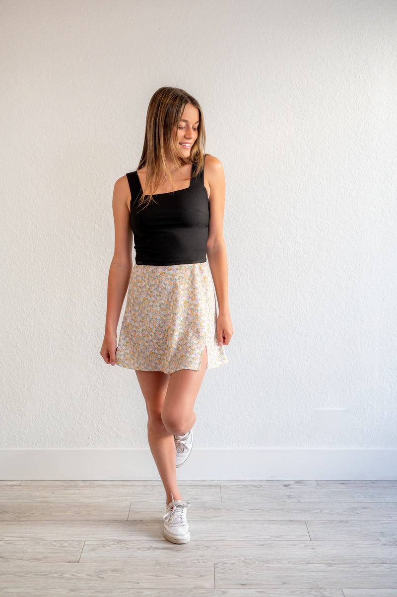 RIBBED SQUARE NECK TOP - BLACK