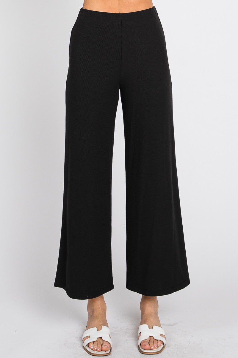 WIDE LEG JERSEY RIB PANTS - BLACK