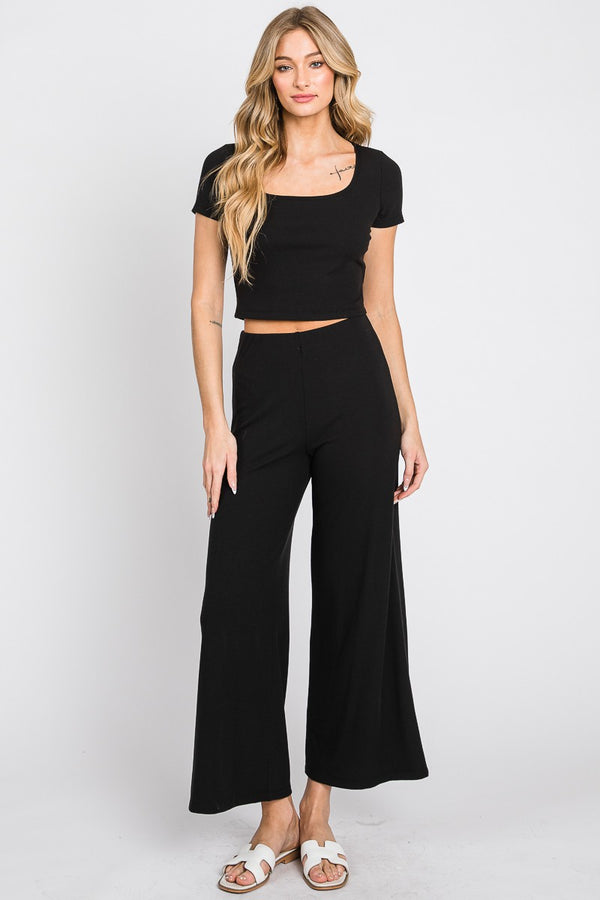 WIDE LEG JERSEY RIB PANTS - BLACK