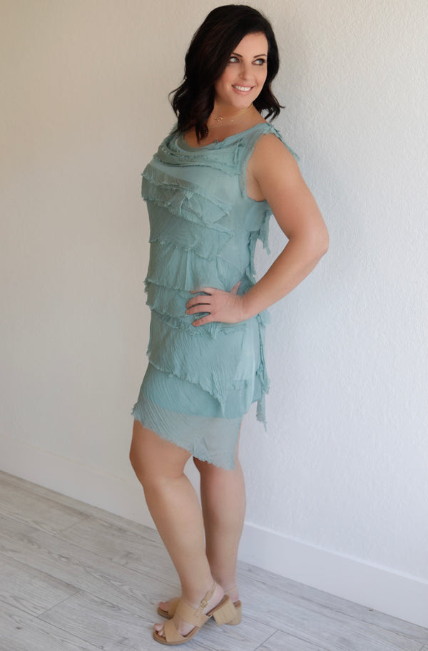 SILK BLEND LAYERED RUFFLE DRESS - LIGHT TEAL