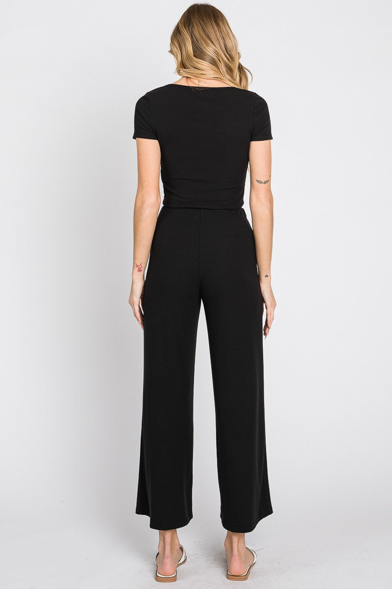 WIDE LEG JERSEY RIB PANTS - BLACK