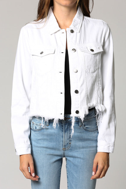 CROPPED FITTED FRAY DENIM JACKET - WHITE