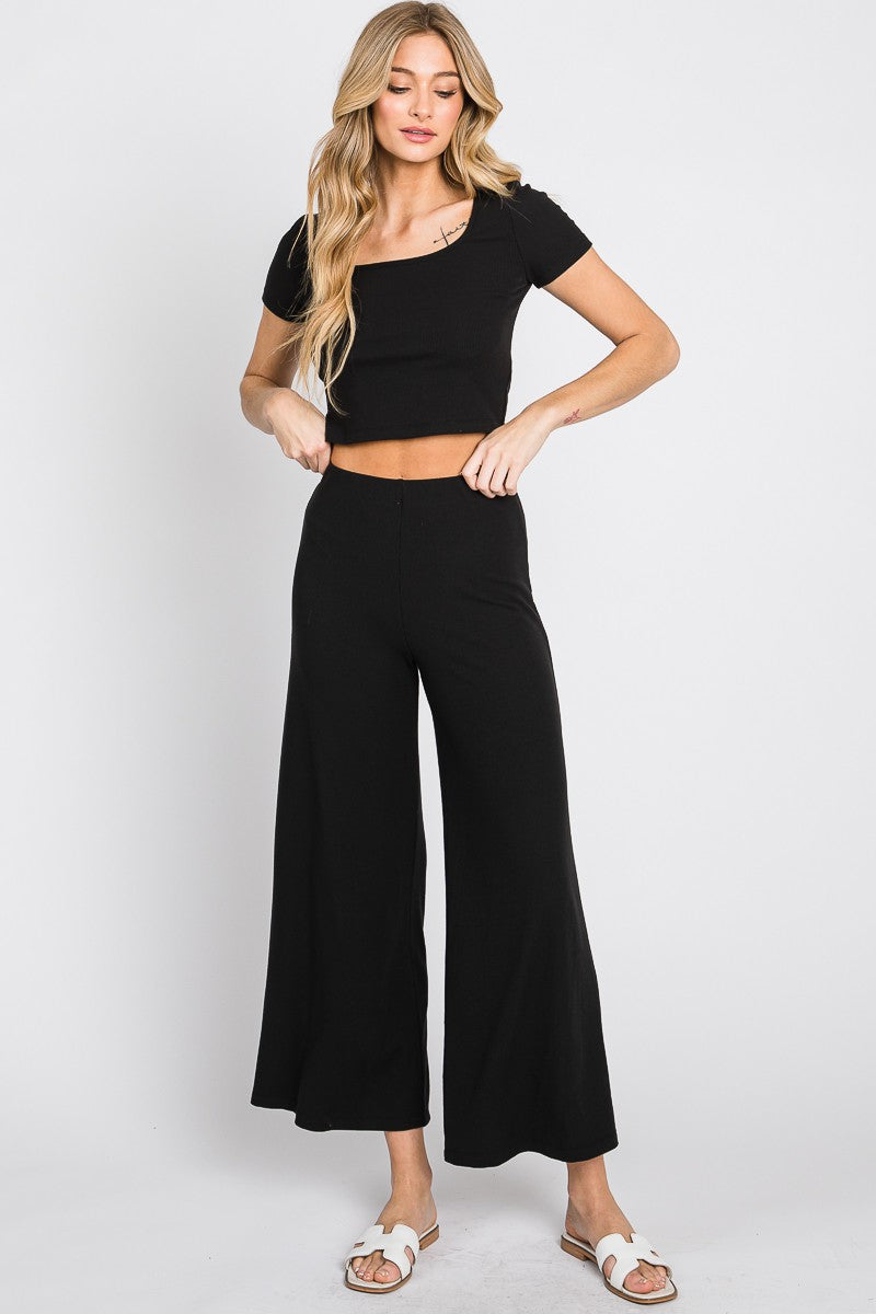 WIDE LEG JERSEY RIB PANTS - BLACK