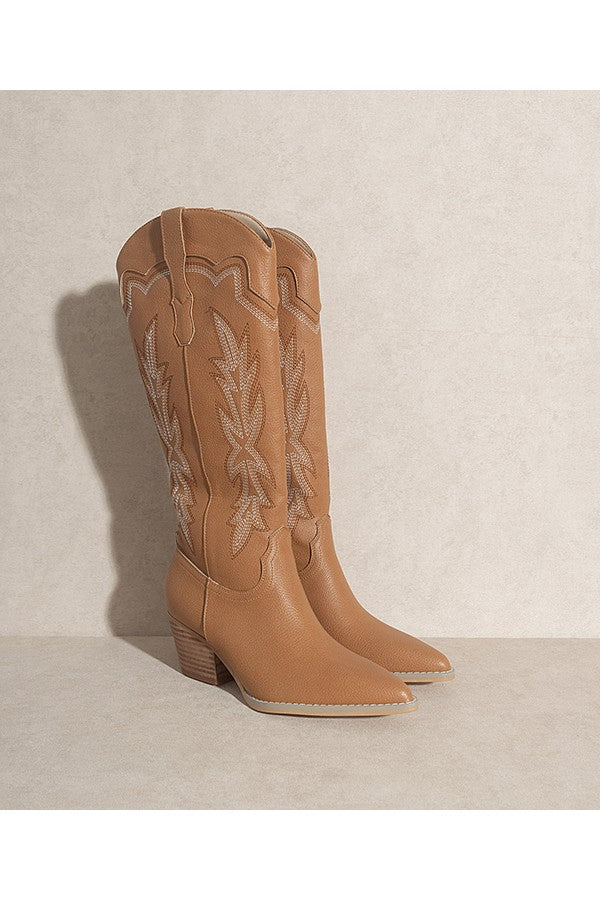 EMBROIDERED WESTERN STYLE COWBOY BOOTS - CAMEL
