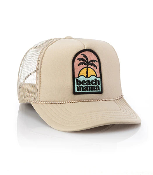 BEACH MAMA PATCH TRUCKER HAT - KHAKI