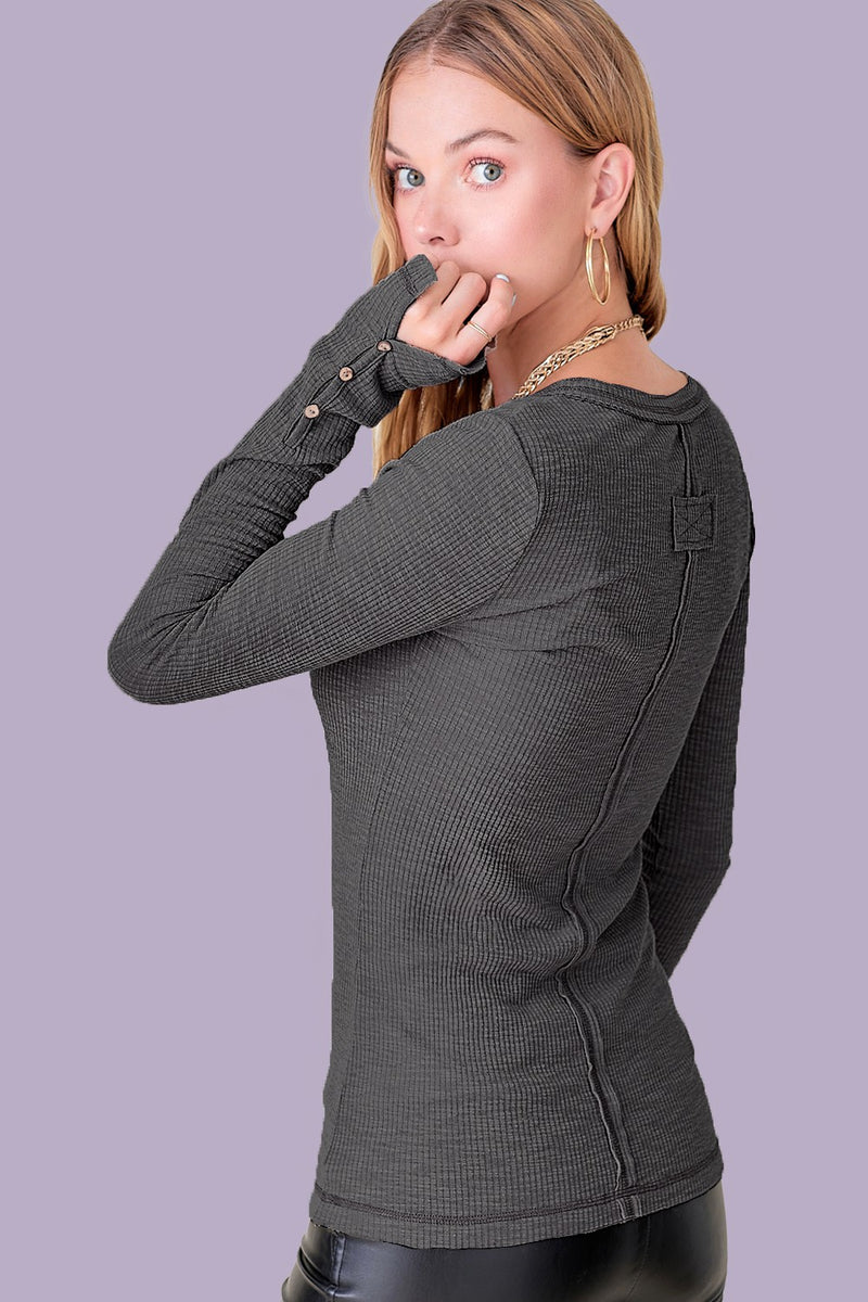 LONG SLEEVE HENLEY TOP - CHARCOAL