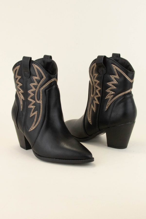EMBROIDERED WESTERN STYLE COWBOY BOOTIES - BLACK
