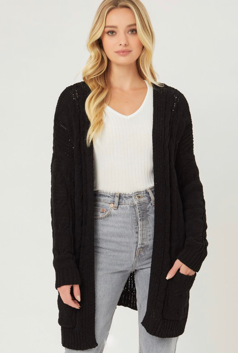 CHENILLE CABLE KNIT CARDIGAN - BLACK