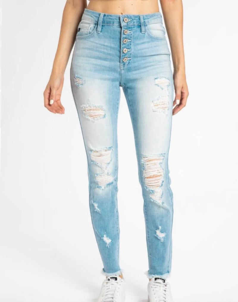 HIGH RISE BUTTON DOWN ANKLE SKINNY - LIGHT DENIM