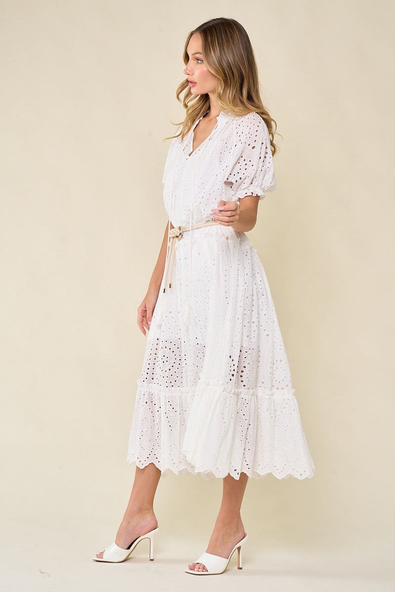 EYELET TIERED MAXI DRESS - OFF WHITE