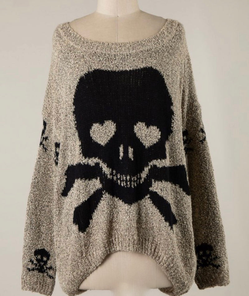 SKULL PRINT KNIT SWEATER - BEIGE/BLACK