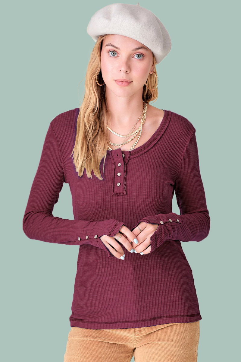 LONG SLEEVE HENLEY TOP - WINE